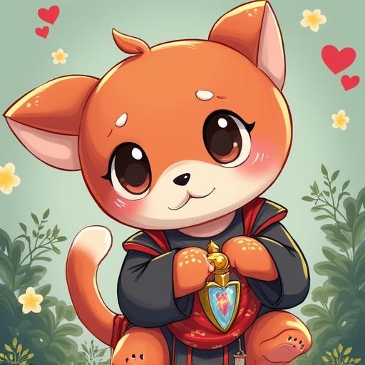 A cute cat character wearing a costume. The cat holds a heart-shaped pendant. Soft colors are used. Background has flowers and hearts. The style is bright and cheerful.