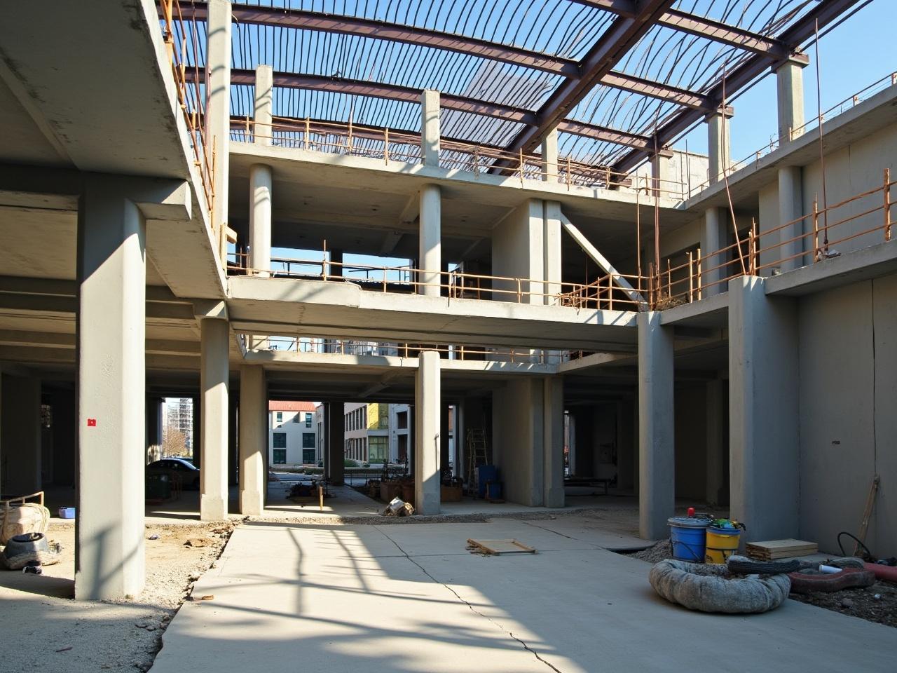 The image shows a construction site with a large building structure in progress. The building appears to have several floors with scaffolding and construction materials visible. Bright sunlight casts shadows across the site, enhancing the details of the construction work. There are multiple connected beams and cables hanging near the top of the building. The ground is mostly clear, with some scattered materials and equipment. Overall, it conveys a sense of active development in an urban environment.