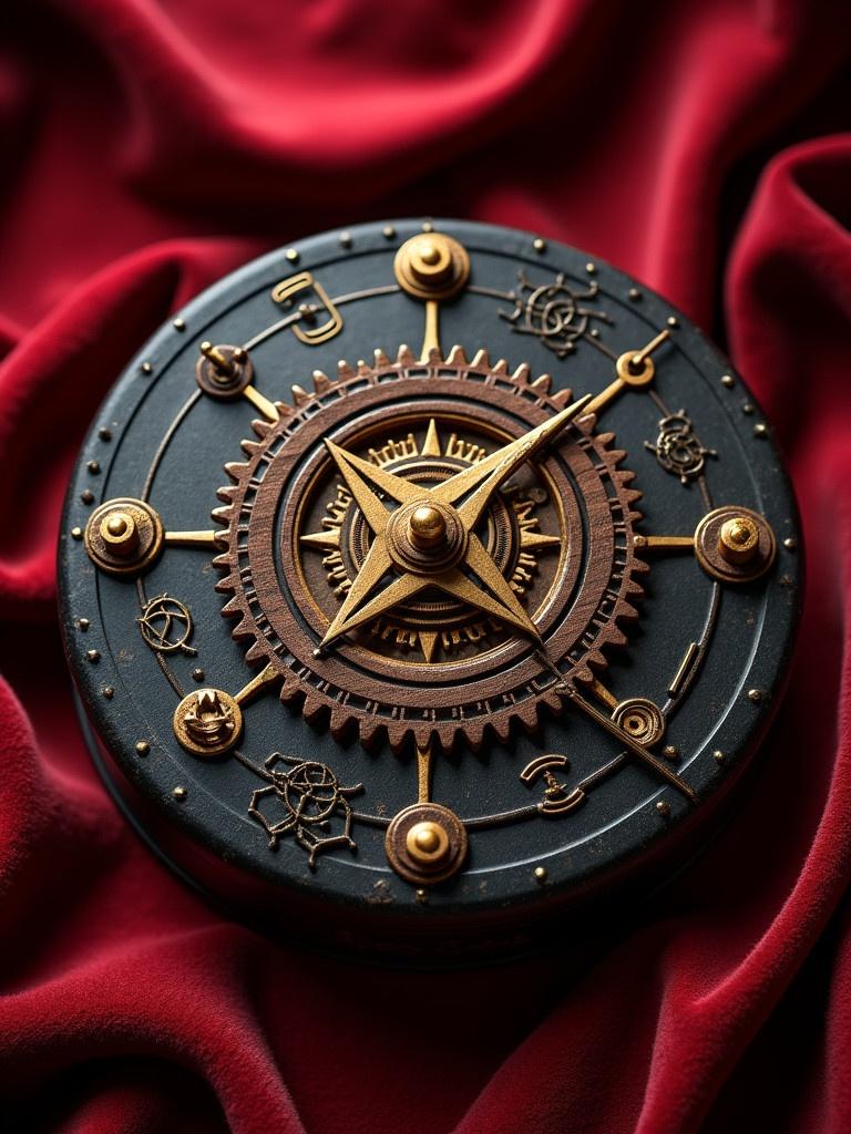 Intricately crafted mechanical puzzle. Contains oxidized gears and mystical symbols. Features ornate cocobolo wood dial and round matte black body. Resting flat on red velvet fabric. Illuminated by warm glow with rich backdrop. Captured from top view angle.