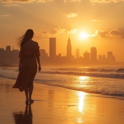 A woman with long hair walking on a beach during sunset. Future city skyline in the background. Waves gently lapping at the shore. Warm golden light illuminating the scene.