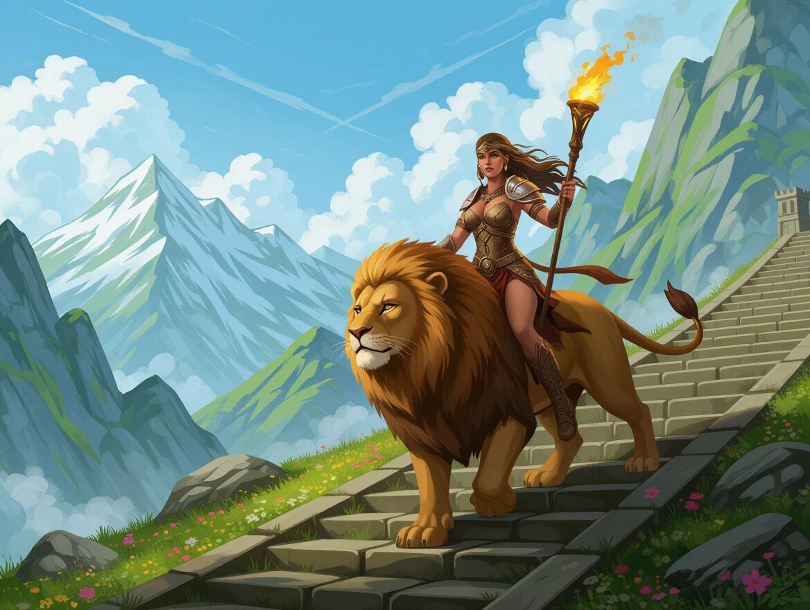 Barbarian warrior woman rides a lion on stone stairs in green mountains with flowers. She holds a torch in her hand. Bright and adventurous atmosphere.