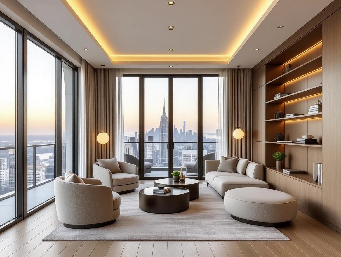 Cozy luxurious multipurpose room with solid walls. Left side features large floor-to-ceiling window. Soft daylight reveals skyline view. Interior has few contemporary sofas and round coffee tables. Decorative shelves included. Seamless wooden flooring enhances design. Flat modern ceiling with recessed mood lighting. Neutral tones and high-end finishes present. Calm sophisticated environment created. Photorealistic 8k rendering showcases upscale hotel residential vibe.