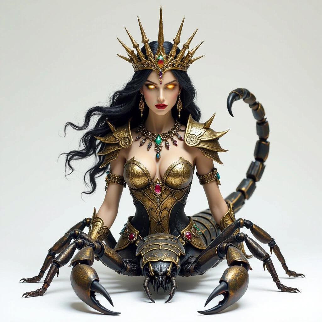 Resin sculpture inspired by Scorpio goddess. Half powerful woman half scorpion. Torso human covered in golden armor. Lower half giant scorpion with sharp legs. Wild majestic expression glowing eyes. Wearing spiked war crown long black hair. Necklace of bones carrying ancient weapon.