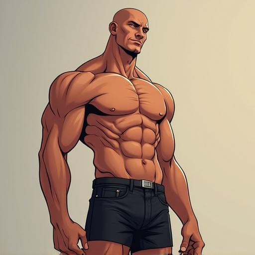 Tall muscular anime man in shorts with no shirt. Strong physique is prominent. Confident pose with soft lighting highlights. Digital art style.