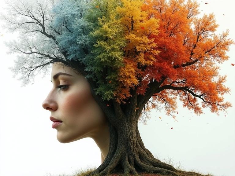 Hyper-realistic double exposure art. Oak tree composed of peeling wood layers representing seasons. Inside trunk scenes of spring, summer, autumn, winter unfolding in contours of a woman's face. Emphasis on seamless transition, texture of bark and vivid portrayal of season traits. Blending natural elements with human form, symbolizing life and time cycle. Concept of fantasy art.