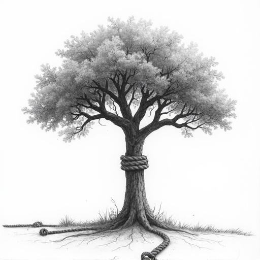 Sketch of a tree with rope ends wrapped around its trunk in black and white.
