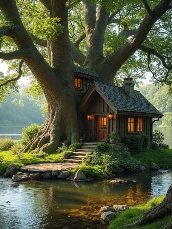 A cozy riverside cottage nestled under a majestic tree. Serene nature surrounds the scene. A dreamlike, fairytale atmosphere.