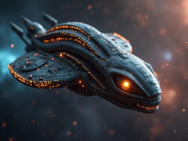 Exotic alien being on a starship. A futuristic spaceship with intricate details and glowing elements. Background features a cosmic scene with stars and nebulae.