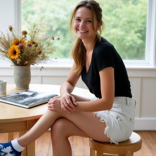 Photo of a woman with light brown hair in a low ponytail. She sits on a round wooden stool next to a light wooden table. She smiles at the camera. She wears a black t-shirt and white frayed denim shorts. Blue and white tie-dyed socks are on her feet. On the table is an open magazine and a white cup. There is a small pot of greenery. A bouquet of dried flowers is in a rustic vase. Scene in a bright sunroom with natural light and wooden floors. Outdoor greenery is visible.