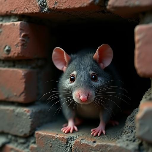 A realistic animated rat cautiously peeking out of a hole in a weathered brick wall. Fur is detailed. Facial expressions are vivid. Lighting is dramatic with soft shadows. A slow reveal from darkness. Whiskers and paws have subtle movement. A sudden scare occurs at the end. Textures are hyperrealistic. The style is cinematic.