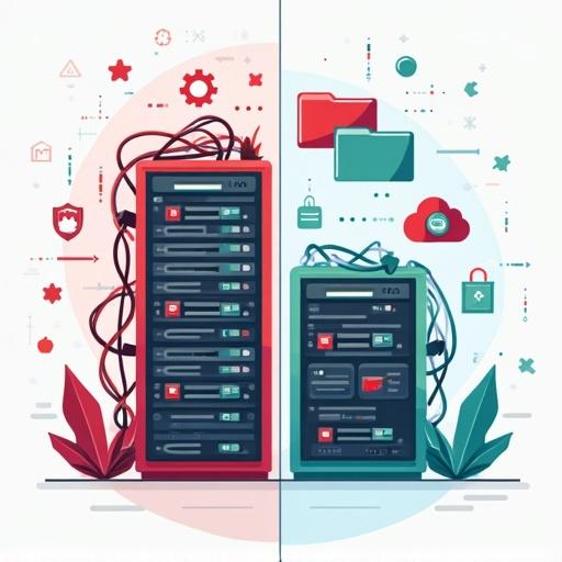 Flat design with a split scene featuring server racks. The left side showcases a messy server rack with tangled cables and disorganized icons, utilizing red and gray colors. The right side depicts an organized setup with clean icons and a balanced composition in blue and green tones. Background features a simple tech pattern without text or characters. Style is modern and minimalistic, using flat colors.