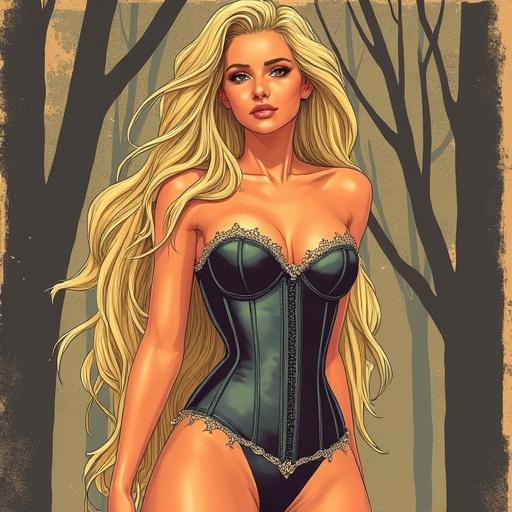 Illustration of Rapunzel in a skimpy corset styled by Pop artist Greg Guillemin. Sensual and irriverent design. The artwork reflects the artistic vision of Luis Royo. Set against a background of dark trees.