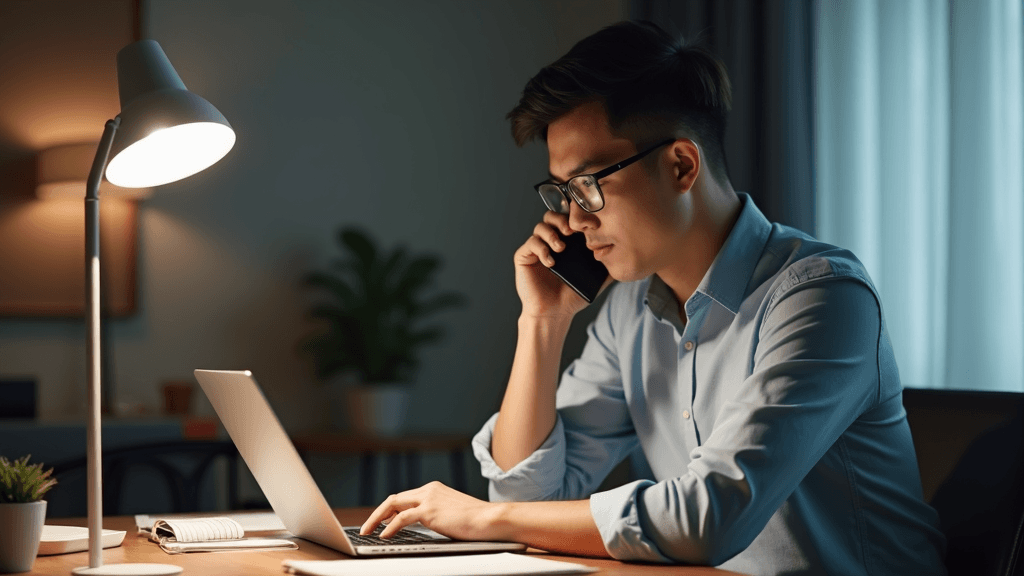 A person working under a desk lamp's glow, using a laptop and speaking on the phone in a dimly lit room.