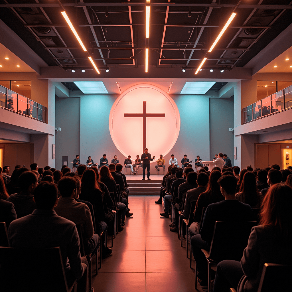 A congregation sitting in a church with a large illuminated cross at the front.