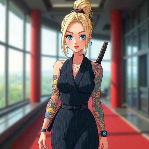 Anime character with light blonde high bun and blue eyes. Wearing pinstriped office dress in a dojo. Showing colorful tattoos. Holding a katana. Modern luxury setting. Spring morning atmosphere.