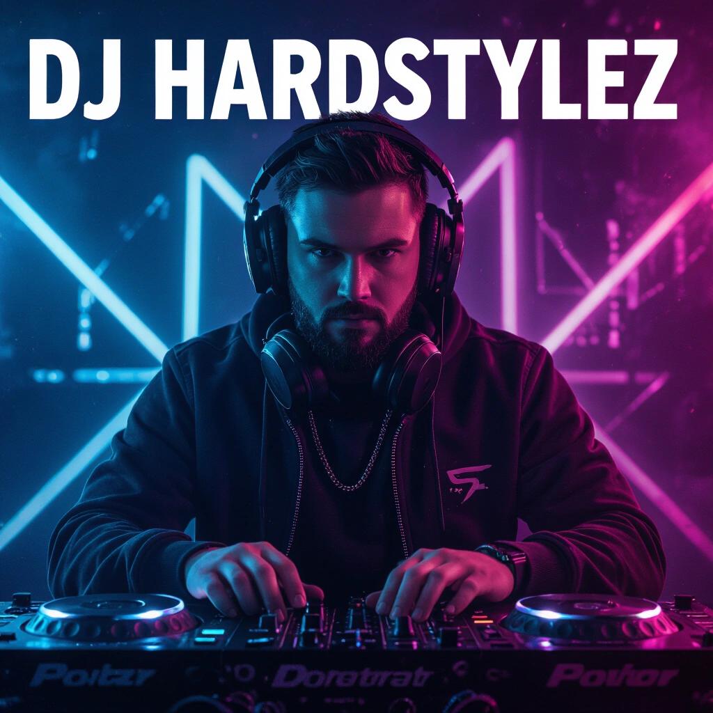 Tech album cover design featuring a DJ at a controller with vibrant neon colors and lighting effects.