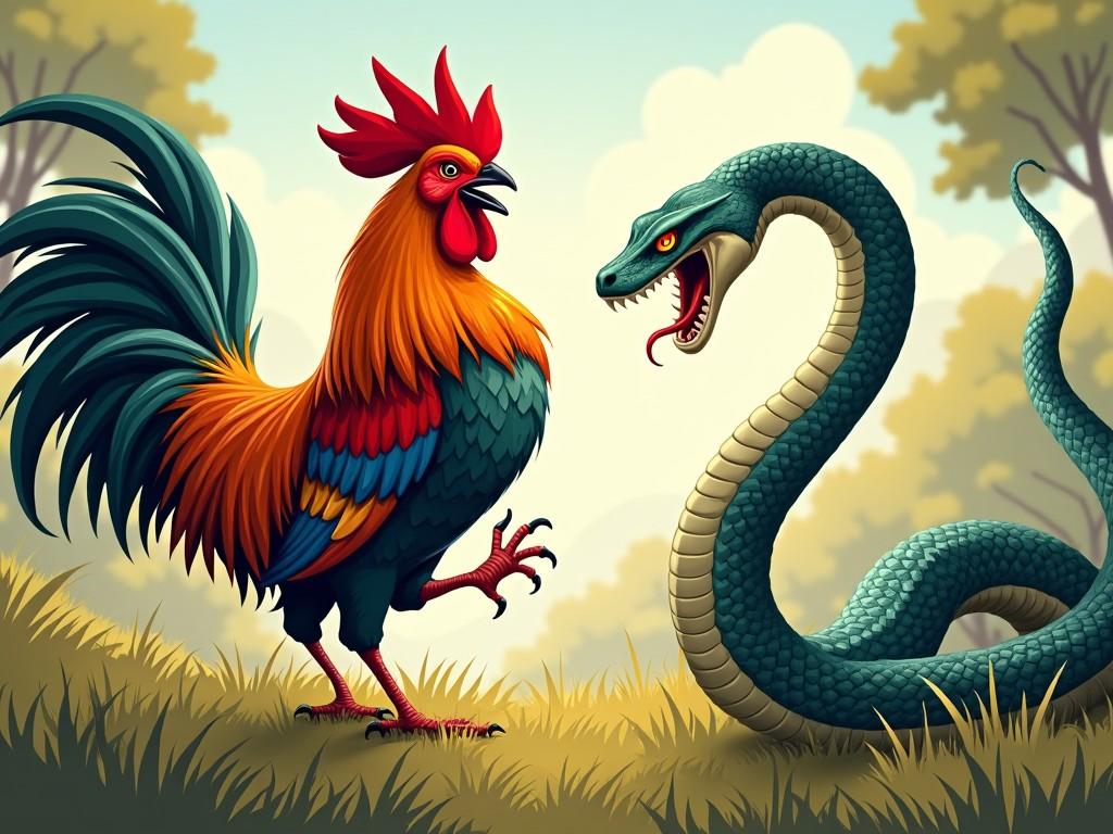 The image depicts a vibrant rooster standing confidently, facing a sleek, menacing snake. The rooster showcases a mix of bright colors, including red, green, and blue, with its feathers fluffed up in a bold stance. The snake is coiled, its scales glistening in shades of green, with a fierce expression. The background features a soft focus of trees and a bright sky, creating a lively, whimsical ambiance. This artwork captures a moment of tension between the two animals, showcasing their contrasting traits.