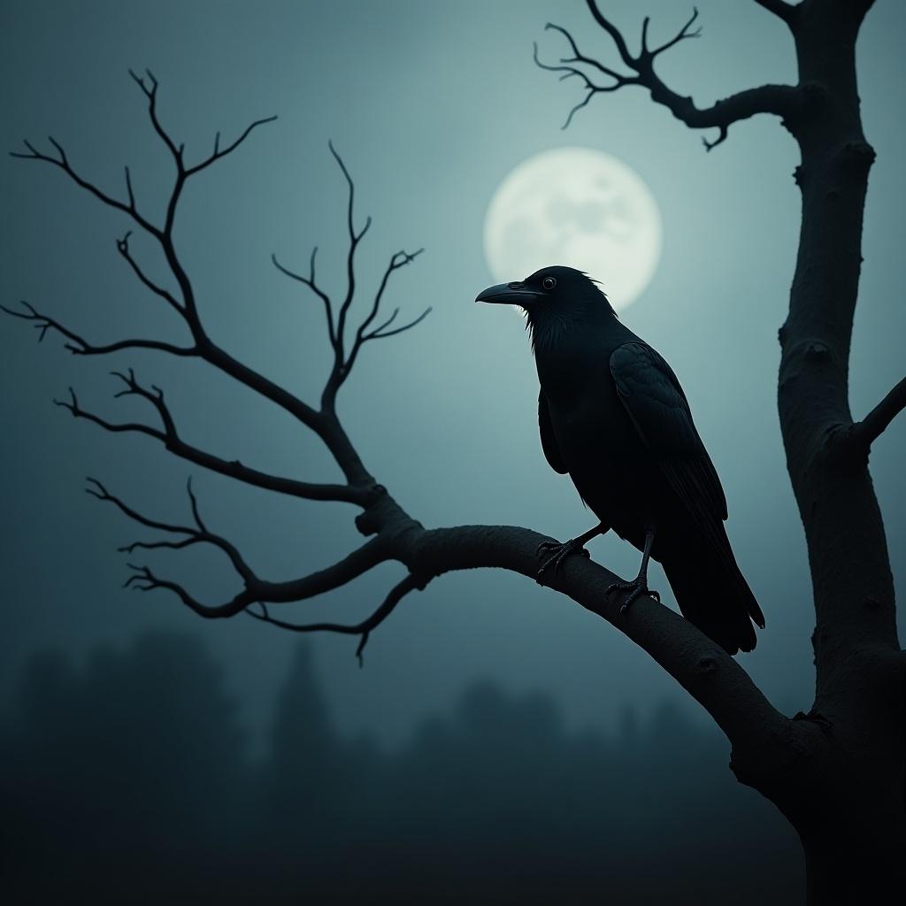 A gothic scene unfolds under a full moon, where a raven perches solemnly on a bare tree branch. The atmosphere is thick with fog, enveloping the landscape in a mysterious haze. The silhouetted figure of the raven adds an ominous touch, perfectly complementing the haunting beauty of the scene. The dark branches of the tree stretch outward, creating a stark contrast against the luminous moon. This image captures the essence of gothic storytelling, echoing themes found in the film 'The Pale Blue Eye'.