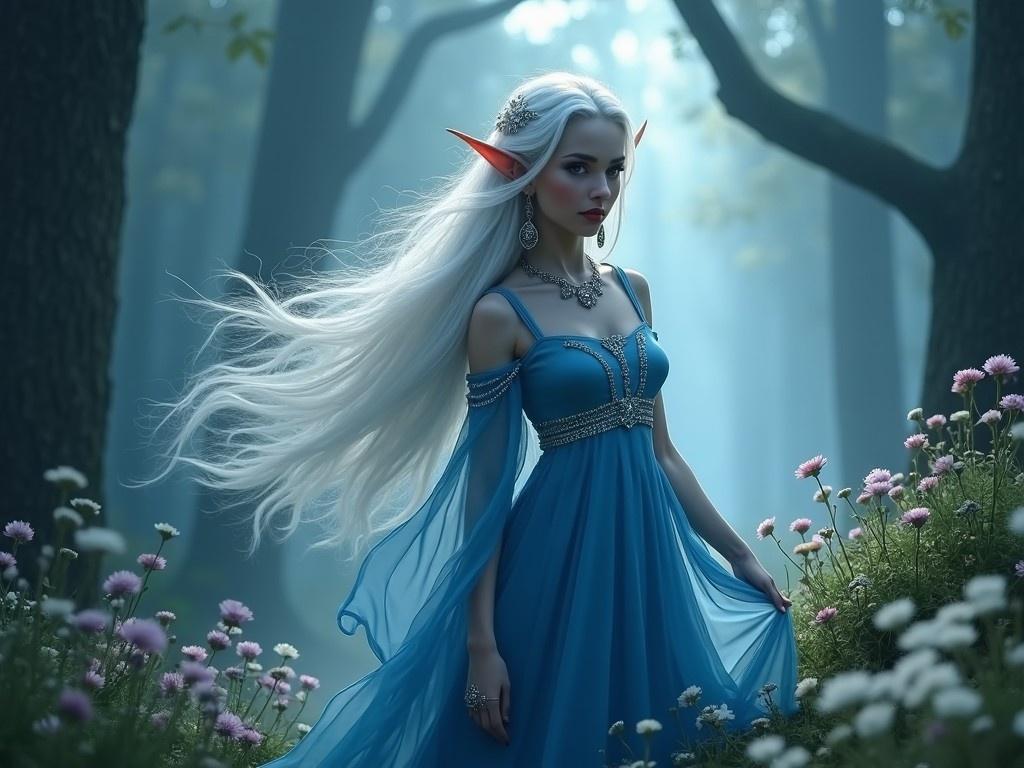 A fantasy-themed image featuring a beautiful dark elf woman in a magical forest. She wears a flowing blue dress that compliments her enchanting appearance. Her long white hair moves gracefully in the gentle breeze. Sparkling jewelry adorns her, adding to the ethereal quality of her presence. The background is filled with towering trees and soft mystical light filtering through, enhancing the scene's magic. At her feet, vibrant flowers bloom, creating a visually stunning and whimsical atmosphere.