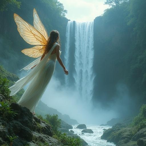 Ethereal fairy floats above a waterfall surrounded by mist. Wings shimmer brightly. Wide-angle fantasy illustration features rich detail and vivid colors in a dreamy atmosphere. Ultra-high quality with breathtaking composition.
