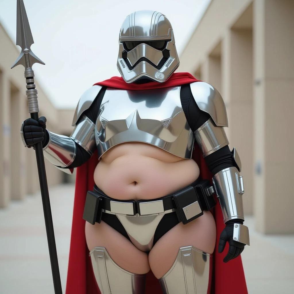 A character resembling Captain Phasma from Star Wars is seen in skimpy armor posing stoically. The character is chubby, with armor only covering essential areas. She holds a metal spear and displays confidence. The armor is shiny and includes silver pads, complemented by a red cape and black accessories.