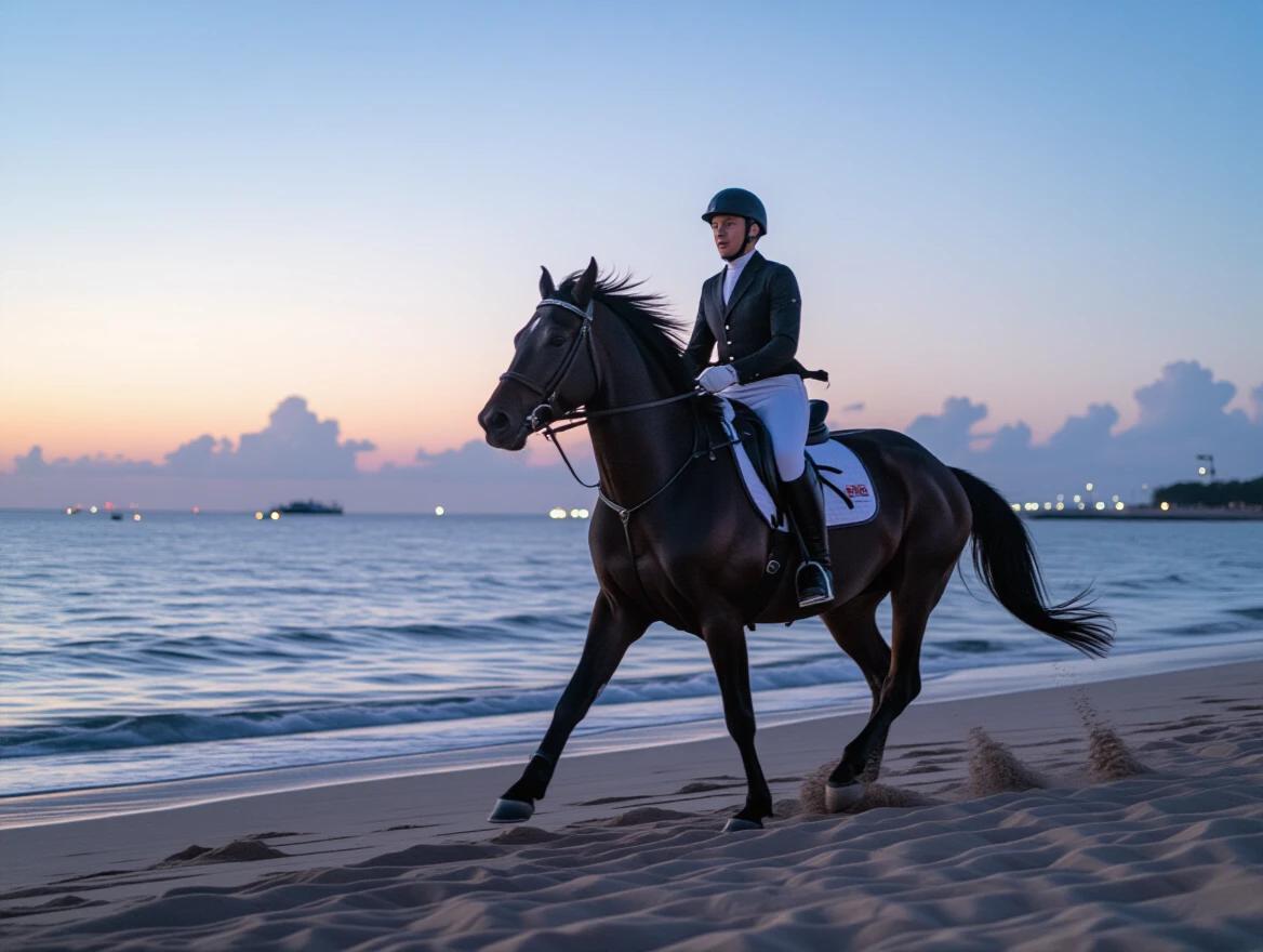A black horse gallops on the beach during nightfall. The ocean waves wash up on the shore. Sky is painted with hues of orange and blue as the sun sets. A rider dressed in equestrian attire accompanies the horse. Fine sand is kicked up beneath the horse's hooves.
