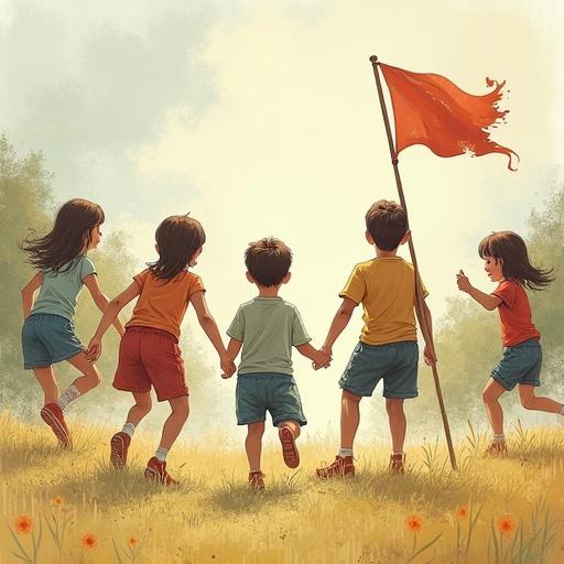 Nostalgic scene of children playing a game. Five kids running together in a field. They are holding hands. One child carries a flag. The atmosphere is warm and inviting. The background is a sunny sky and grassy landscape. The focus is on teamwork and fun. Children are portrayed in a lively and energetic manner.