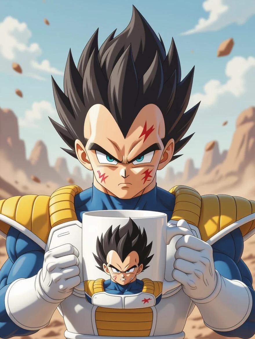 Realistic Super Saiyan Majin Vegeta holds white mug with his angry face illustration. Background features desolate wasteland with swirling dust and energy, embodying DBZ battle essence.