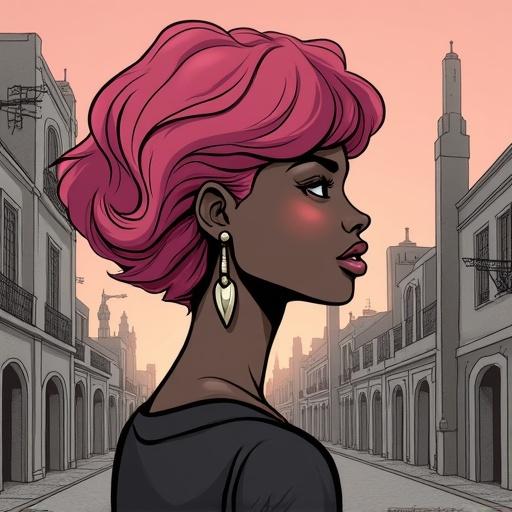 Drawing of a woman with black skin and short pink hair in a dystopian, ruined city.