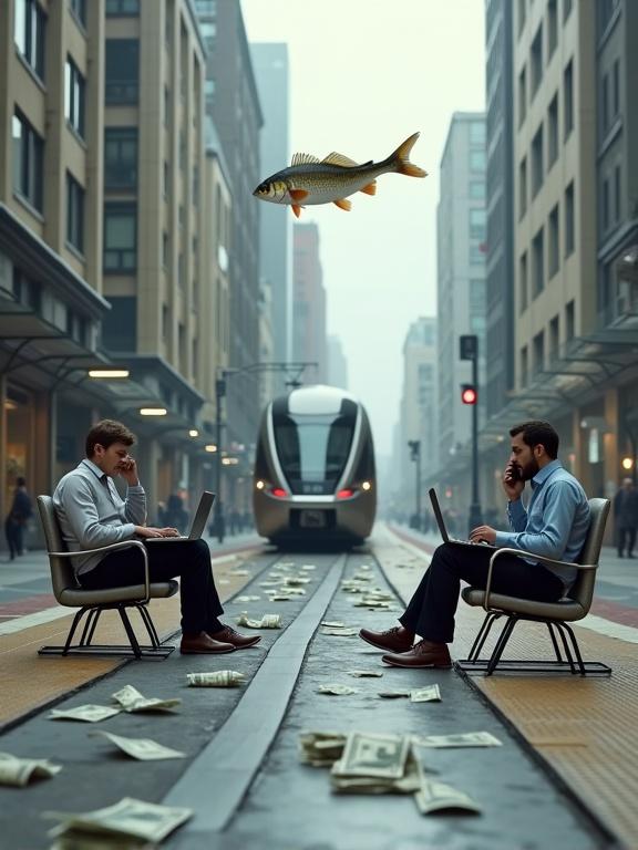 Modern photorealistic train station on a cloudy day. A silver high-speed train stands still. The camera tracks towards a glass door. A large perch fish floats out, suspended in midair. The camera orbits around the fish as it swims through the platform. Commuters remain still. Mist drifts by. Surreal, cinematic, high realism.