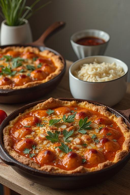 Two cast iron skillets with homemade pizza. Pizza topped with sauce, cheese, and herbs. Background includes a white bowl of rice and a small bowl of sauce. Natural light illuminates the scene. Warm colors dominate the image.