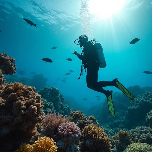 A scuba diver wearing dive gear swims in the ocean. Interaction with colorful marine creatures is seen. Coral reefs display vibrant health. Soft light filtering through the water creates an immersive atmosphere. Wide angle showcases the entire scene.