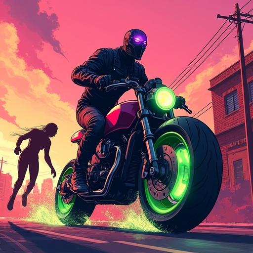 A grotesquely comical villain rides through urban Puebla on a janky motorcycle. Villain's body features half-baked cake. A warrior chases with exaggerated features. Background features chaotic urban elements. Vibrant colors create a psychedelic atmosphere.
