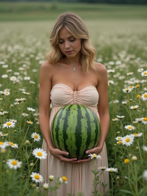 Beautiful pregnant woman stands in a field of daisies. She holds a large watermelon in front of her belly. The scene captures elegance and creativity. The woman wears a flowing dress. The background features a lush green field filled with daisies.