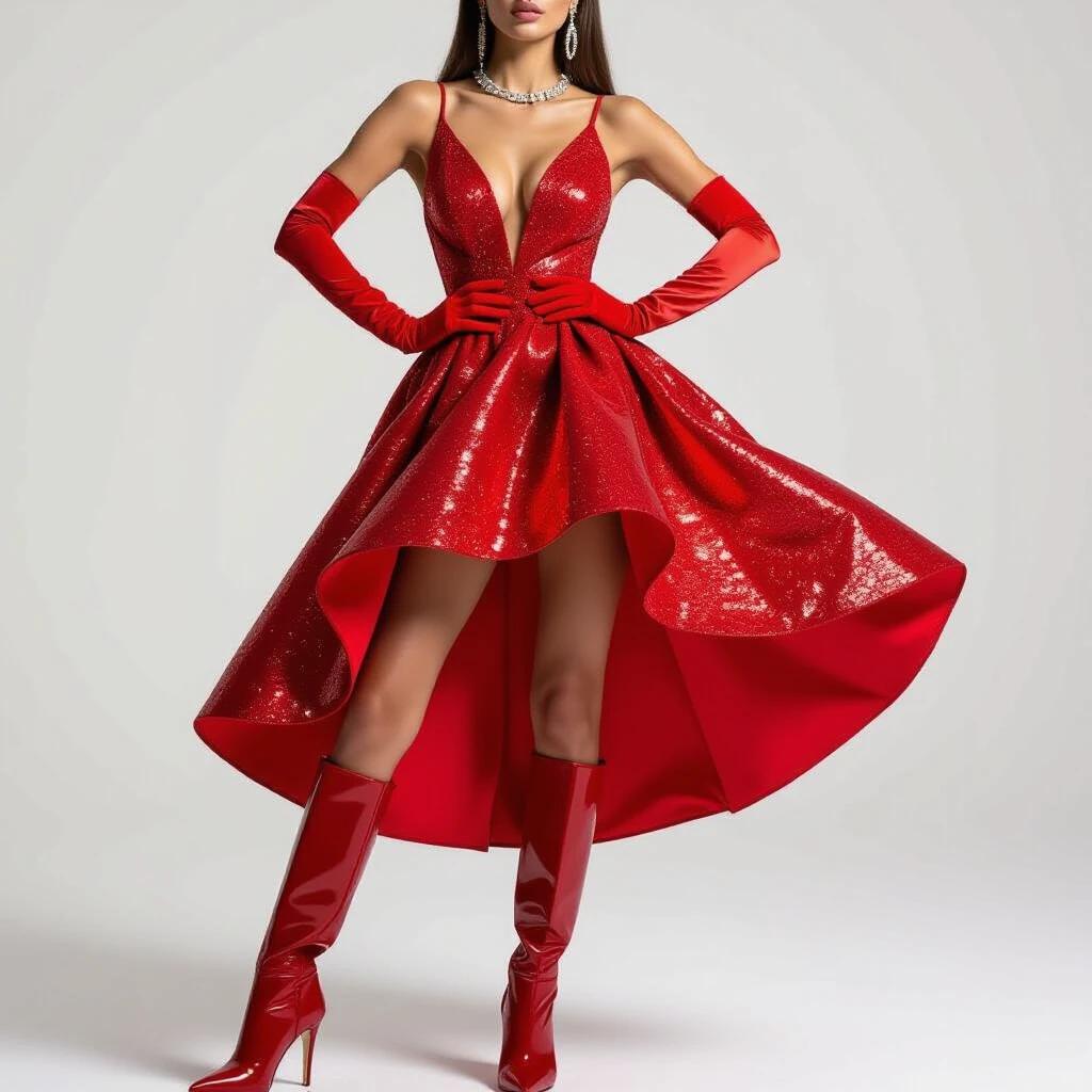 A full body image of a woman wearing a shiny red party dress. The dress has a deep V neckline and a flowing skirt. High leather heeled boots complete the look. Long earrings and bracelets adorn both arms. A long necklace adds elegance. The background is white. The woman stands with confidence, looking directly at the camera, wearing long gloves.