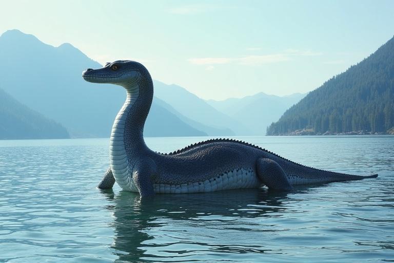 A depiction of Ogopogo swimming in Okanagan Lake near Rattlesnake Island. The creature resembles a plesiosaur, with a long neck and large body in a calm blue lake surrounded by mountains.