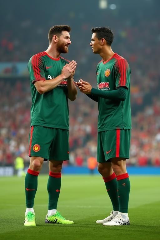 Realistic image showing two celebrated football players practicing on a vibrant football field. Each player wears a green jersey with red accents of the Bangladesh national football team. Stadium background filled with enthusiastic fans cheering.