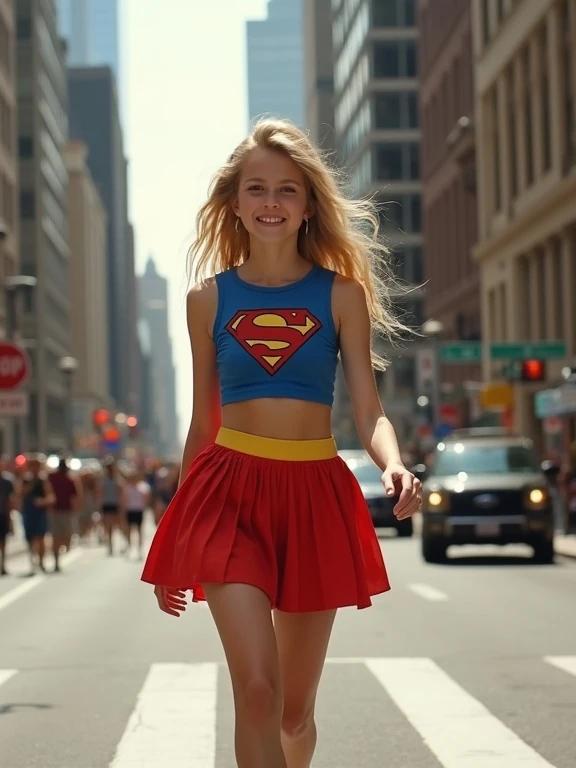 Teenage girl wears a Supergirl costume crossing a busy street. The outfit includes a micro pleated skirt and crop top. She has blonde hair and is wearing high heels. The scene is dynamic with a bustling city background. Bright colors dominate the look. The photo has a low resolution and retro aesthetic.