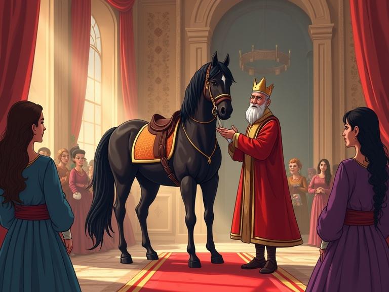 A colorful children's illustration of a royal hall. A wise character presents a large black wooden horse to the king. The king looks surprised. The horse features elegant design and crystal eyes. A simple drawing style for young children with soft colors and round lines. Background includes columns and red carpet with courtiers in the back.