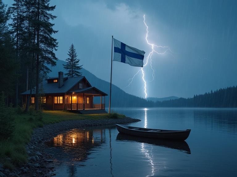 A Finnish summer cottage on a lake shore, nearby a partly sunken rowing boat. It is raining heavily with lightning in the background. The Finnish flag is raised on a flagpole beside the cottage.