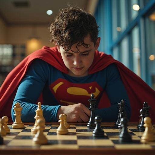 Superhero character playing chess at a table. Character wears a red cape with a blue shirt displaying a superhero emblem. Focus on chess pieces on the board. Soft lighting enhances the character’s expression. Casual setting with a focus on strategy.