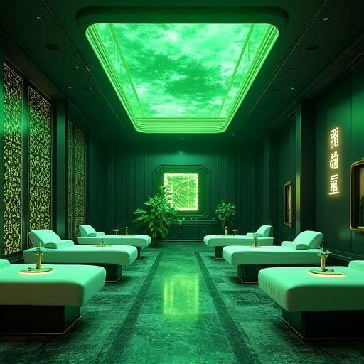 Futuristic and modern Chinese massage parlor interior. Oversized design elements with emerald green and black color scheme. Located on Black Hole Avenue in Shanghai. Bright ambient lighting at noon.