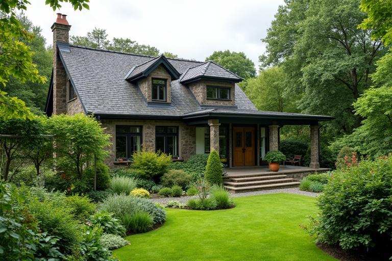 An Irish home features a beautiful stone exterior with a slate roof. Green garden surrounds the house. Lush vegetation complements the stone structure. Soft, natural lighting enhances the cozy feel of the home.