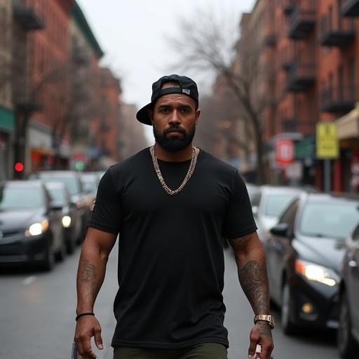 Strong man walks on Brooklyn streets. He has a commanding presence. Urban backdrop and city life evident. Casual clothing fits lifestyle.