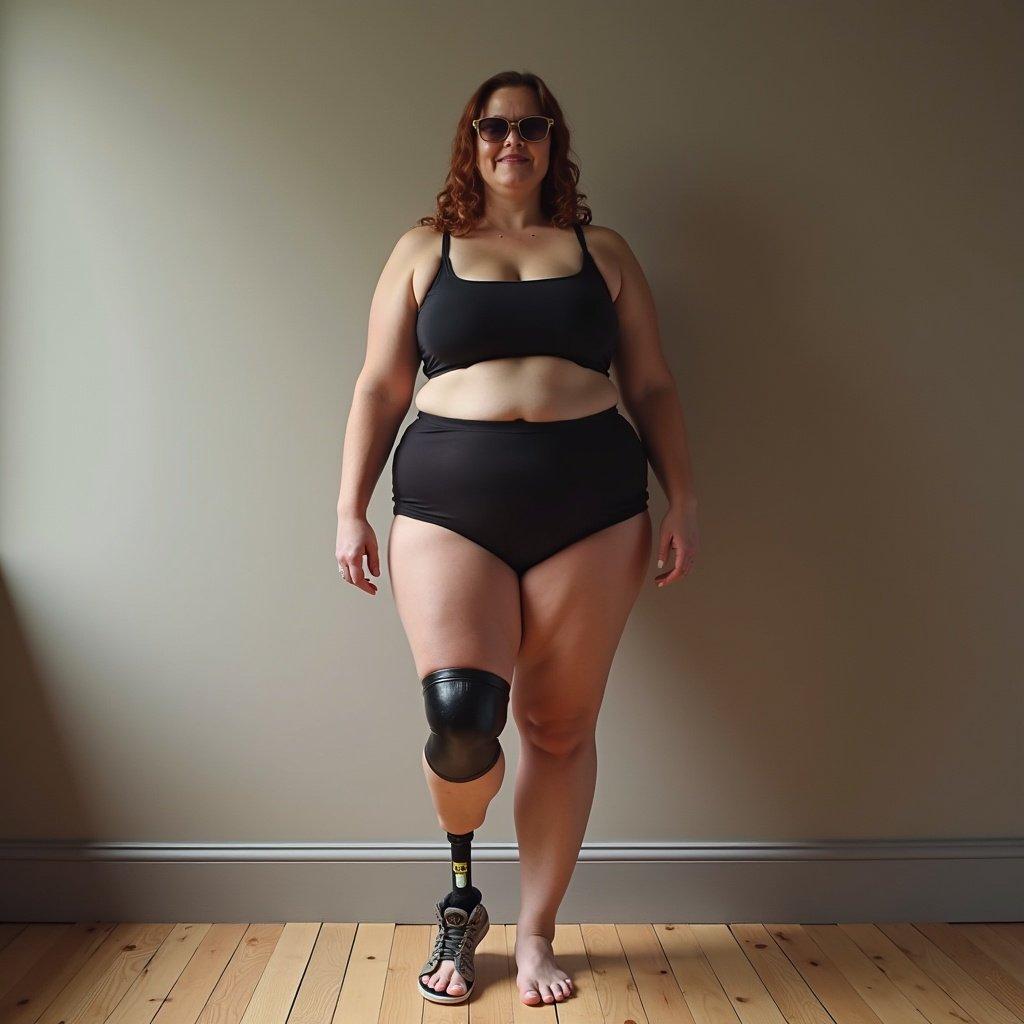 Plus size woman with amputated legs showing her stumps. The woman stands confidently in a black bikini top and bottom. The left leg features a stylish prosthetic limb. The setting is neutral and focuses on the subject.