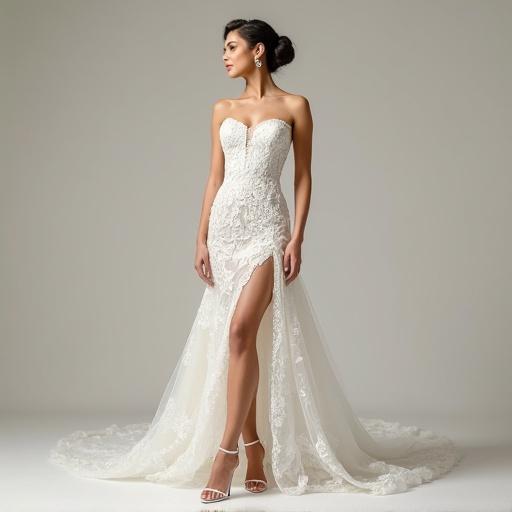 Bridal portrait of a bride in a strapless wedding dress. Dress features intricate lace detailing with a flowing skirt and high slit. Bride wears white high-heeled shoes. Soft lighting accentuates features and dress. Background is neutral to highlight gown.