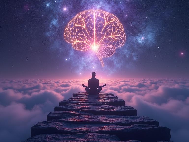 Surreal and visionary poster design depicting mental awakening. Human silhouette meditating at center of cosmic vortex, glowing neural connections and fractal patterns. Brain subtly illuminated like a galaxy, floats above ancient stone stairs dissolving into clouds. Color palette includes deep purples, electric blues, and radiant gold accents. Ultra detailed, matte paper texture, soft vignette edges, cinematic lighting, high resolution.