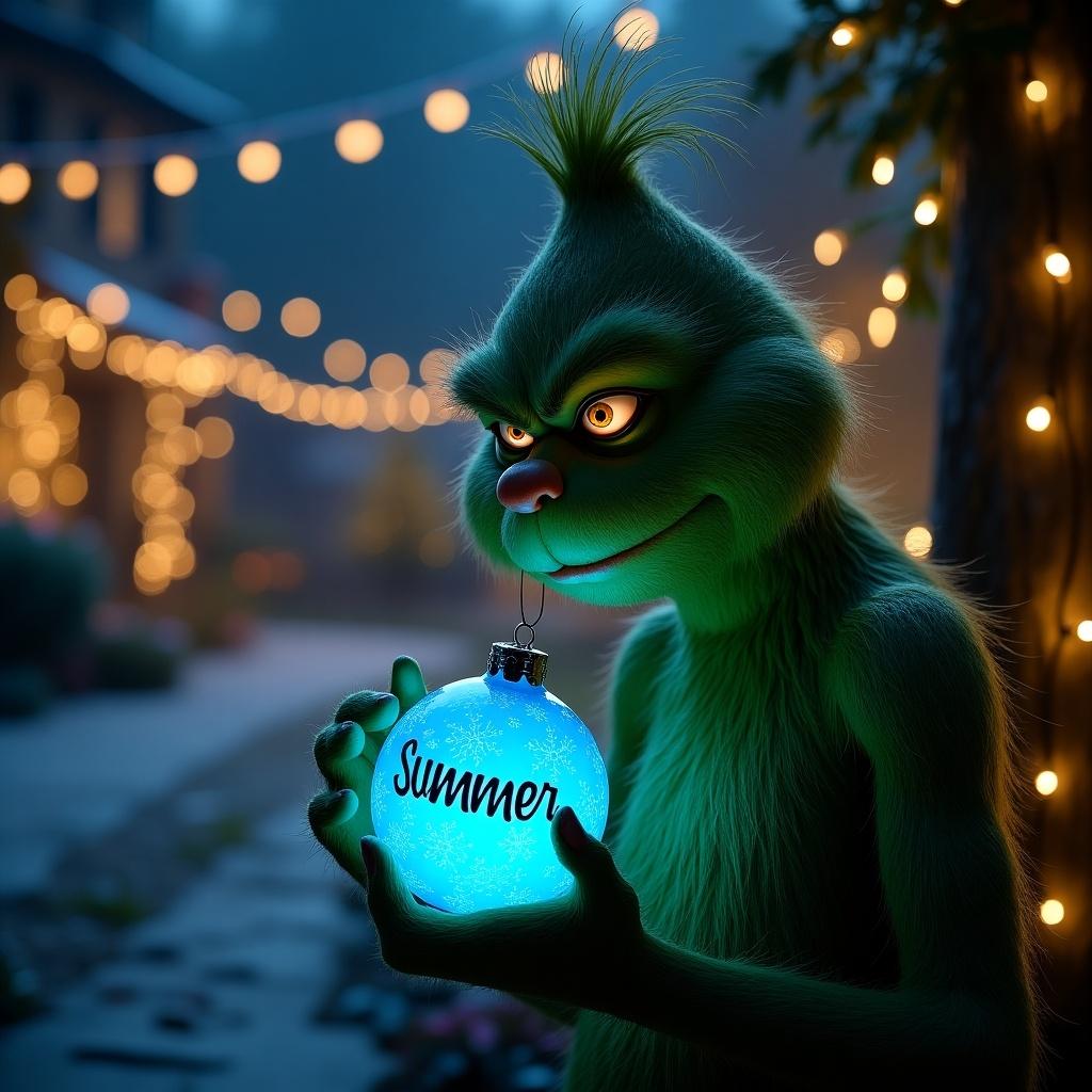 A tranquil garden during night with the Grinch. He holds a radiant blue Christmas ornament. The ornament reads Summer in stylish lettering. Glimmering lights enhance the enchanting environment.