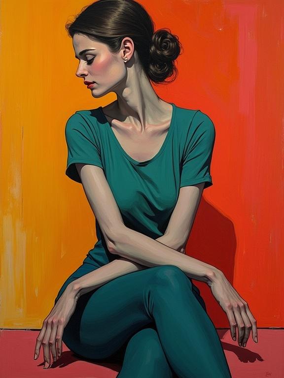A woman in deep contemplation, styled after Matisse, seated with her hands clasped and body turned, showcasing vibrant colors and expressive features.