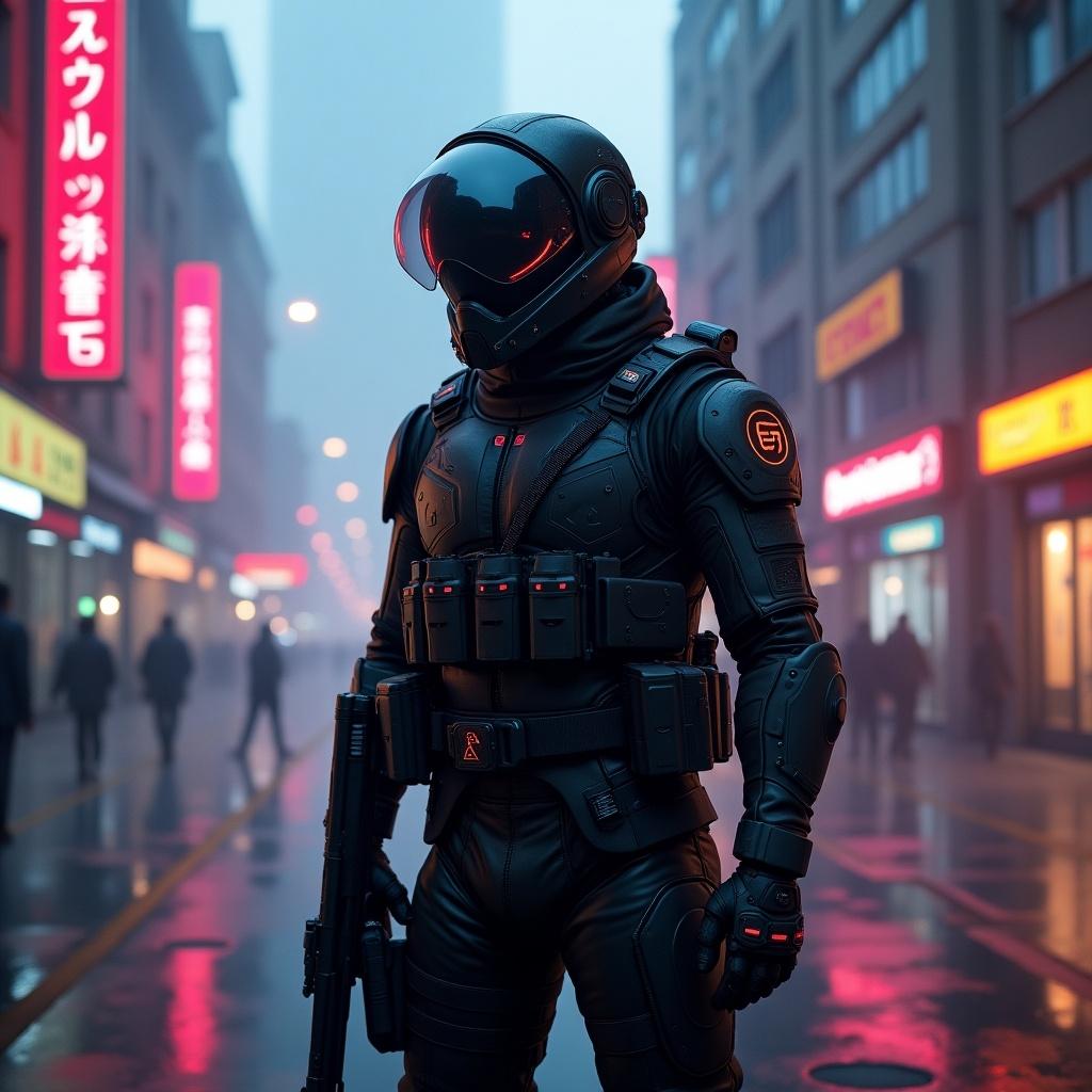 Futuristic soldier depicted in a neon-lit city. Urban landscape features fog and vibrant colors. Soldier wears high-tech armor and holds a weapon. Atmospheric setting with a cyberpunk theme.